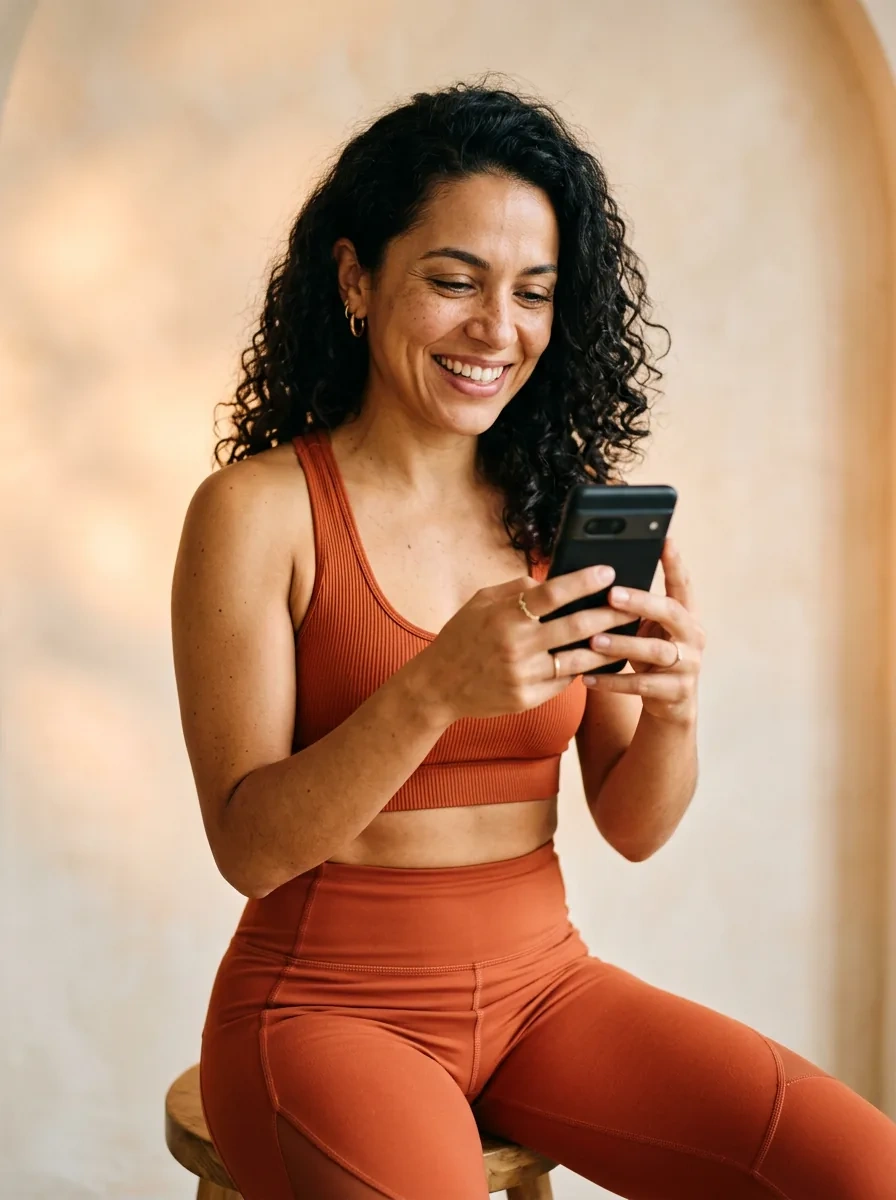Mulher em roupa de treino sorrindo e olhando o celular