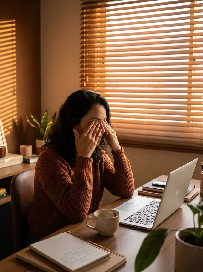 Mulher exausta com as mãos no rosto em frente ao notebook