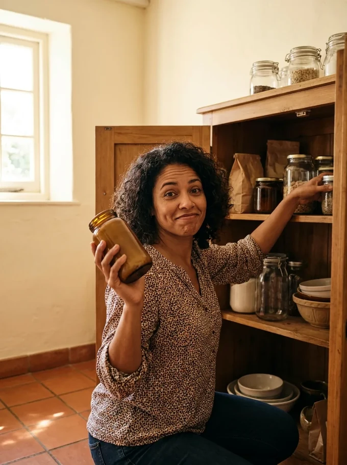 Mulher sorrindo sem graça com um pote de suplemento esquecido no armário